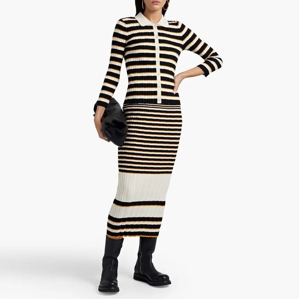 Theory - Striped Ribbed Cotton-blend Midi Skirt - Cream